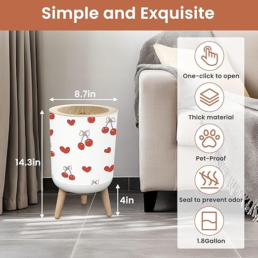 Bathroom Trash Can with Lid Draw Seamless red Cherry Bow Retro Valentine Day Fabric Print Doodle Garbage Bin Waste Basket for Kitchen Office Bedroom Decoration Diaper Pail 1.8 Gallon