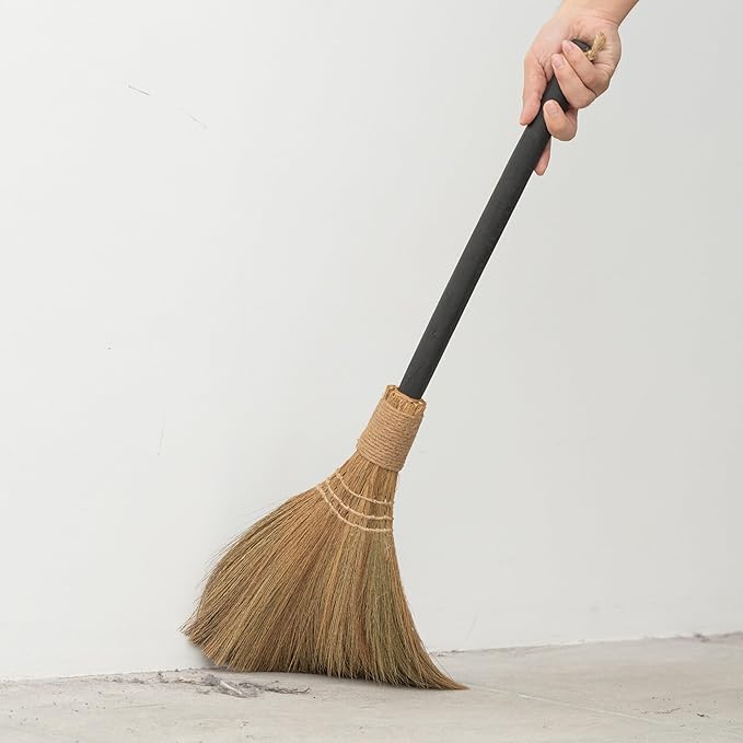 Natural Whisk Sweeping Black Handle Broom - Brooms for Wedding Jumping Ceremony Halloween DIY Decoration - Vietnamese Straw Soft Broom 12.2 Width 28.35 Length