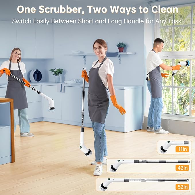 Electric Spin Scrubber Cordless Shower Scrubber with 8 Scrub Brush 2 Speed with Adjustable Extension Handle Battery Level Display Power Scrubber for Bathroom Bathtub Tile Floor (Black)