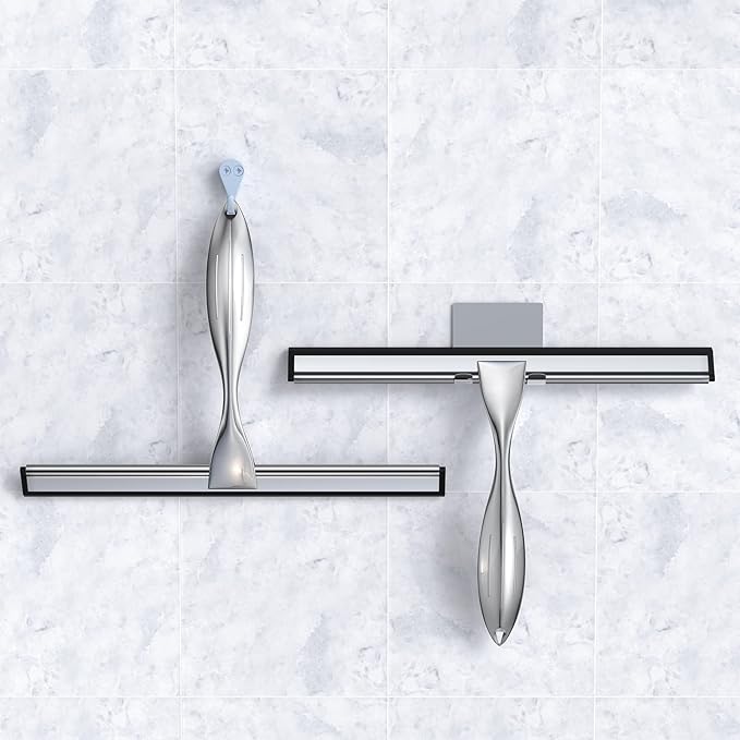 Shower Squeegee Set 10-Inch Stainless Steel Squeegee for Bathroom Shower Doors Mirrors Tiles and Car Windows - 100% Streak Free Includes Shower Door Hook Adhesive Hook and Spare Silicone Blade