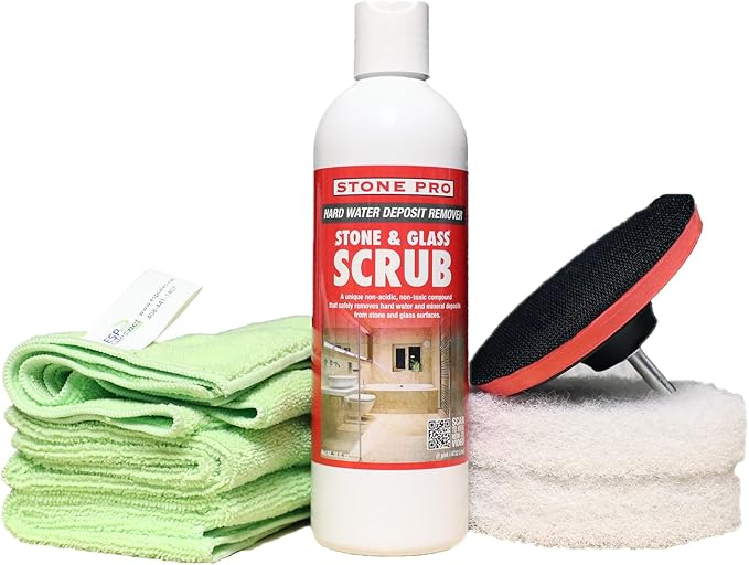 Hard Water Deposit Remover KIT - Scrub Deep Cleans Granite Countertops Travertine Showers Glass Shower Doors (1 Pint Stone Pro Stone &amp Glass -16 Fl Oz 5 white pad &amp Cleaning Cloth)