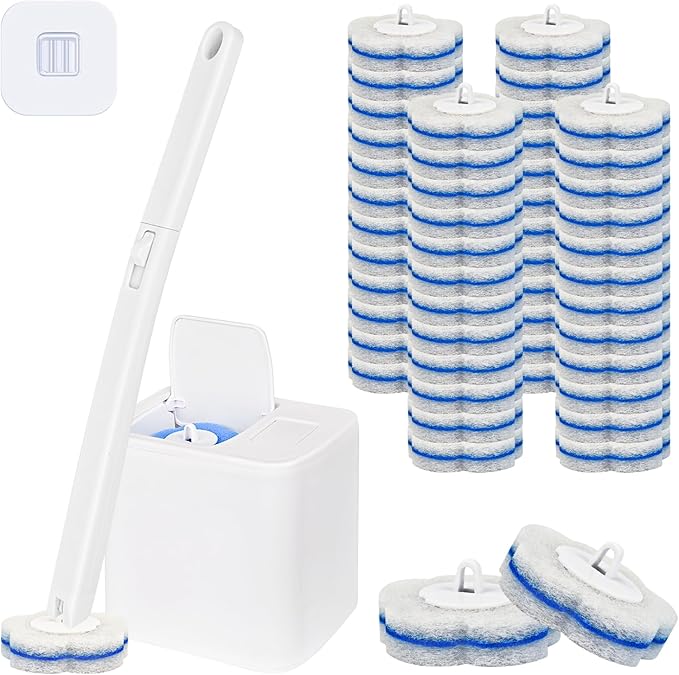 Disposable Toilet Brush with 48 RefillsToilet Bowl CleanerToilet Cleaning SuppliesToilet Bowl BrushToilet Cleaner BrushToilet Brush with Holder for Cleaning and Hygienic (New White)