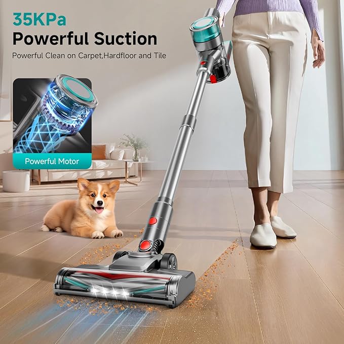Cordless Vacuum Cleaner Powerful Stick Vacuum Cleaner for Home with Rechargeable Battery 6-in-1 Lightweight Handheld Vacuum 45 Mins Runtime for Hardfloor &amp Carpets Pet Hair (Green)