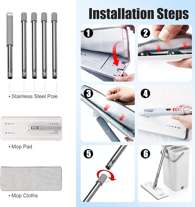 Flat Mop and Bucket with Wringer Set Hands-Free Floor Mop and Bucket with 3 Reusable Washable Microfiber Pads and 66 Stainless Steel Handle Wet and Dry Use for Home Floor Cleaning