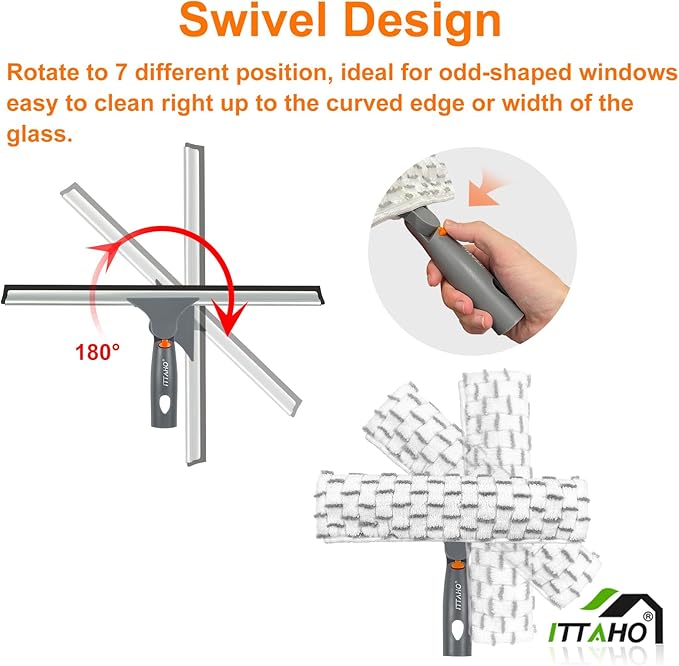 ITTAHO Squeegee for Window Cleaning12 Squeegee and 11 Microfiber Scrubber Combi with Stainless Steel PoleExtendable Window Cleaner for CarSliding DoorShower Glass Door-Swivel Style-2 Pads
