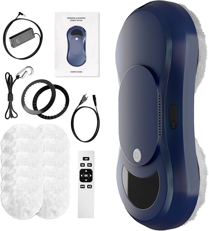 Dark Blue Automatic Window Cleaner Robot W250 11.6 x 5.7 x 2.7 Inch with 30 ml Automatic Water Spray and 10 Cloth Pads. Window Vacuum Cleaner for Windows. Automatic Glass Cleaner Vacuum