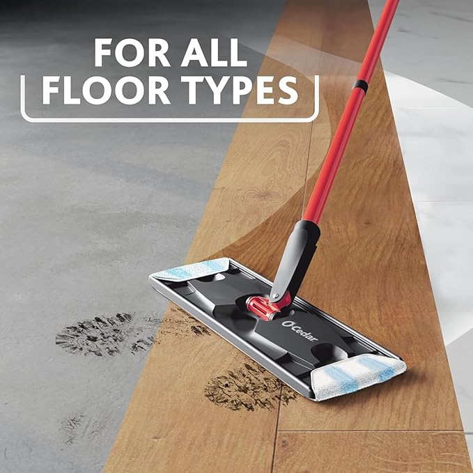 O-Cedar H2prO Flat Mop System with 1 Mop Head Refill | Quick Cleaning Tool | Clean with Clean Water | Machine Washable Reusable Microfiber Mop Pad | Safe on Wood Floors Vinyl Tile Baseboards Walls