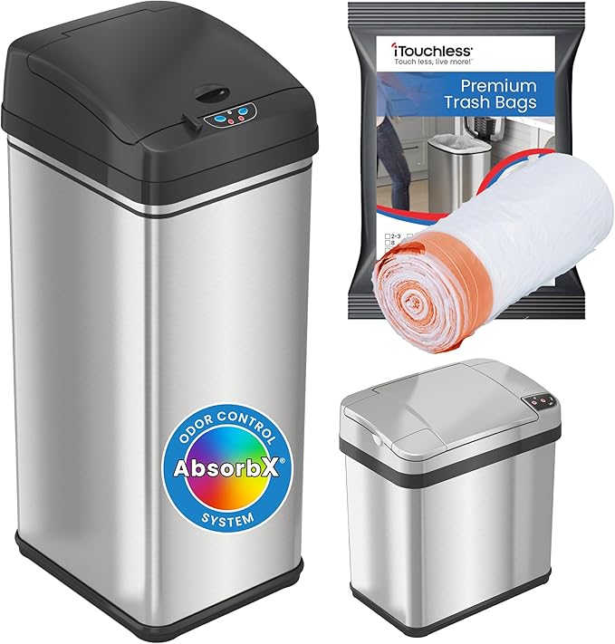iTouchless 13 Gallon and 2.5 Gallon Automatic Touchless Sensor Kitchen Cans with Odor Control System Stainless Steel Includes 10 Premium Bags CDZT02BG10