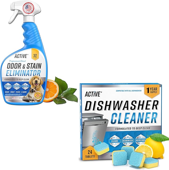 ACTIVE Pet Stain &amp Odor Eliminator and Dishwasher Cleaner - Includes 32oz Pet Stain &amp Urine Remover and 24ct Dishwasher Cleaning Tablets