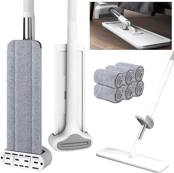 2024 New Lazy Person's Self-Washing Mop - 360 Rotatable Wet &amp Dry Cleaning Mop Self Wringing Hands-Free Microfiber Mops for Floor/Kitchen Cleaning (with 6 Pads)