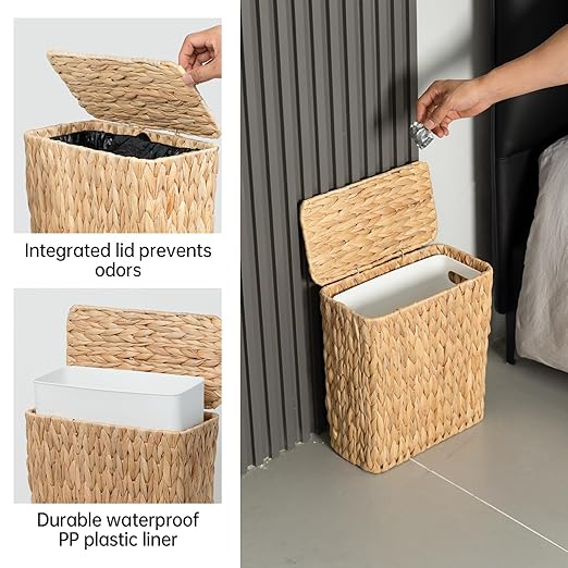 3 Gallon Wicker Trash CanSmall Bathroom Trash Can with LidNatural Water Hyacinth Wicker Waste Basket for BedroomToiletNarrow Garbage Can with Removable Liner