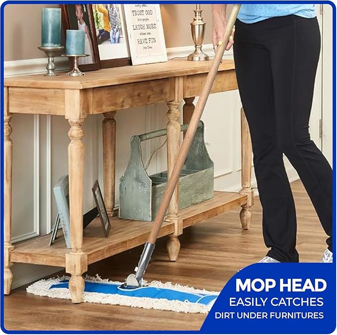 Nine Forty 24 Premium Cotton Dust Mop Kit - Heavy Duty Mop Head with Wood Handle for Industrial Commercial and Residential Cleaning - Dry Floor Duster for Hardwood Surfaces - White