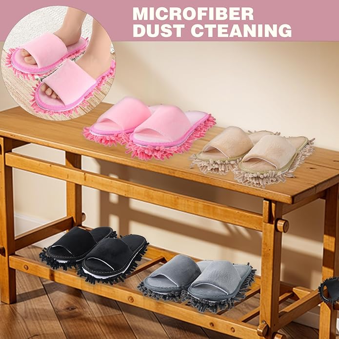 4 Pair Washable Mop ShoesRemovable Microfiber Cleaning SlippersMopping Slippers for Women and Men Home Office Floor Dust and Dirt Cleaning (Beige Gray Pink Black)