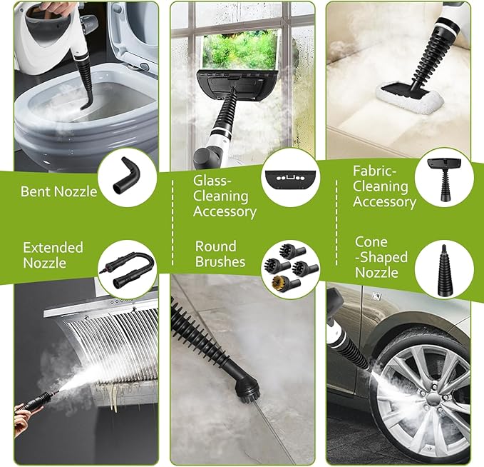 Pressurized Handheld Multi-Surface Natural Steam Cleaner with 12 pcs Accessories Multi-Purpose Steamer for Home Use Steamer for Cleaning Floor Upholstery Grout and Car (Grey)
