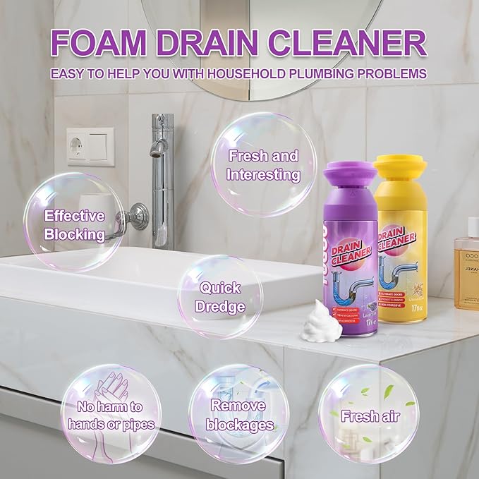 Foaming Drain Cleaner Sink Drain Cleaner and Deodorizer for Kitchen Sinks Shower Drains Tubs (Lavender 2pcs)