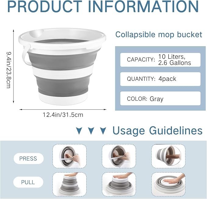 Pickmesh 4 Pcs Collapsible Bucket 2.6 Gallon (10l) Foldable Collapsible Sand Bucket with Handle Small Cleaning Pail for Household Outdoor Car Washing Camping Beach Sand (Gray)