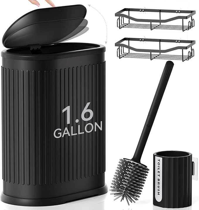 Small Bathroom Trash Can with Toilet Brush 1.6 Gallon Black Stainless Steel Garbage Can with LidSlim Wastebasket with Shower Caddy for Bathroom Bedroom