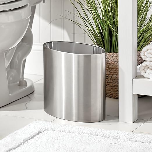 mDesign Stainless Steel Metal Oval Trash Can 7.9 Liter/2.09 Gallon Wastebasket Garbage Basket Bin for Bathroom Bedroom Kitchen Office Holds Waste and Recycle Mirri Collection Brushed/Chrome