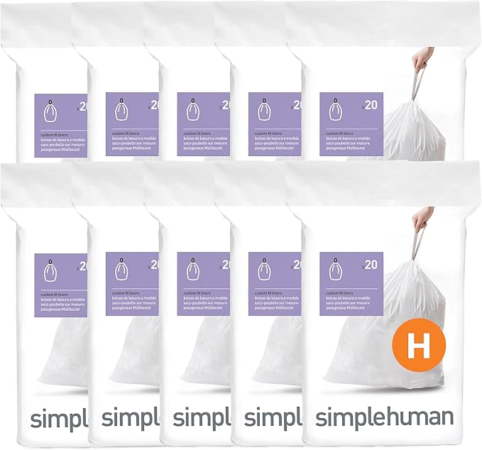 simplehuman Code H 200 Count Dispenser Pack Custom Fit Liners Drawstring Trash Bags 30-35 Liter / 8-9 Gallon White