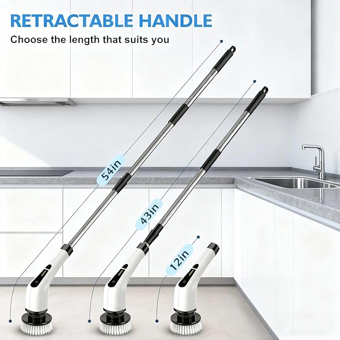 Electric Spin Scrubber Cordless Bath Tub Power Scrubber with Long Handle &amp 7 Replaceable Heads Detachable as Short Handle Shower Cleaning Brush Household Tools for Bathroom &amp Tile Floor