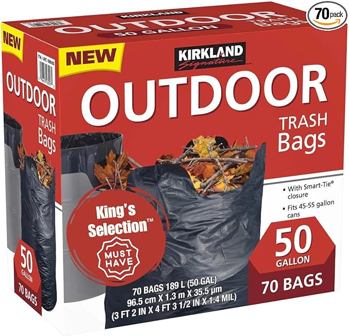 King's Selection x Kirkland Signature 50-Gallon Outdoor Trash Bags with Smart Tie Closure Heavy-Duty Black Trash Bags 35/Roll 2 Rolls/Case (70 Bags total Family Bundle packaging) Yard Lawn