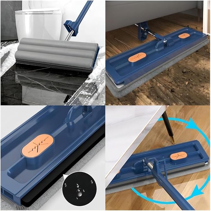 Large Flat Mop Self-Contained Dewatering Scraper Mop Stainless Steel Long Handle with 2 Microfiber Pads 360° Rotating with Dewatering Scraper 1pcs 12027(Blue)