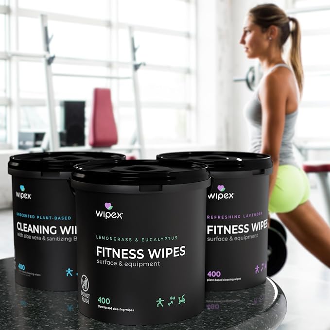 Wipex Gym Cleaning Wipes Bundle - Get 3 Buckets (1) Lavender (1) Lemongrass Plant-Based Fitness Equipment Wipes and (1) Sanitizing BZK Bucket for Hands Use at home or Gym 400 Count (Pack of 3)