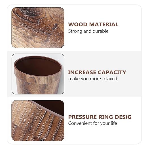 Vintage Style Trash Can 10L Plastic Wastebasket with Wood Grain Texture Bedroom and Living Room Garbage Bin Home Office Trash Container with 1 Roll