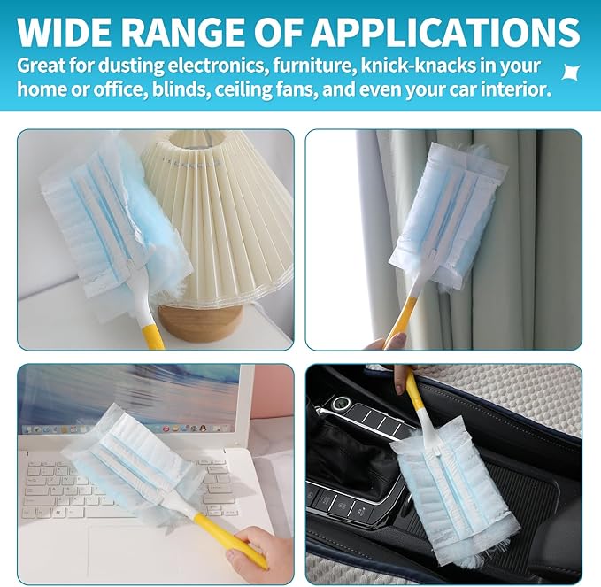60 Count Microfibre Feather Duster Refills Compatible with Swiffer Dusters Disposable Static Dust Removal Refills Multi-Surface Duster with 1 Pcs Short Handle(Unscented Pack of 1)