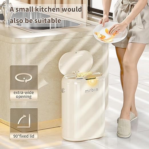 MRBIN Automatic Adsorption Metal Trash Can for Bathroom Touchless Garbage Bin with Lid 4.8 Gallon Slim Trash Can for Office and Bedroom Kitchen Electric Motion Sensor Waste Basket Cream White