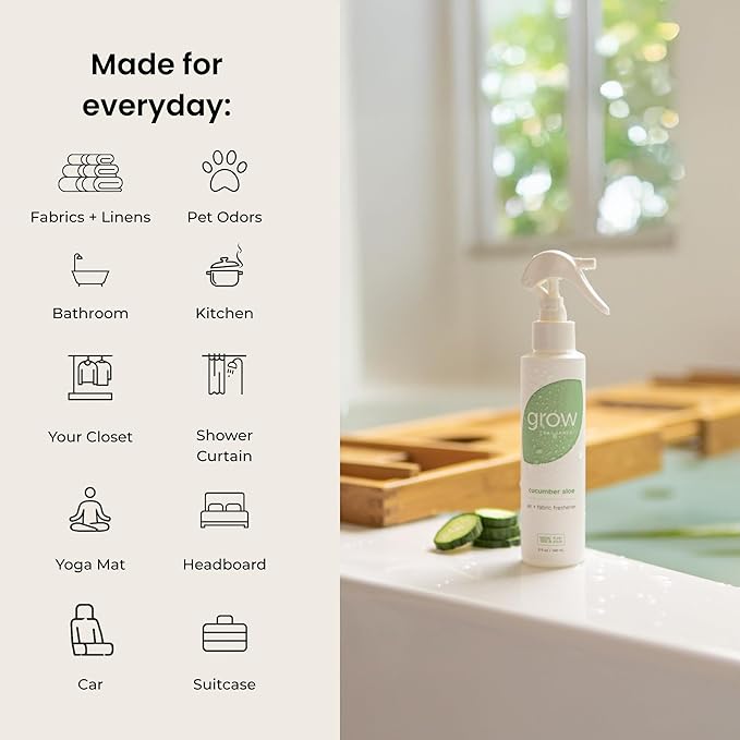 Grow Fragrance Certified Non Toxic 100% Plant Based Fabric and Room Air Freshener Spray. Made with All Natural Essential Oils (Cucumber Aloe 2 Pack) 2 x 5oz