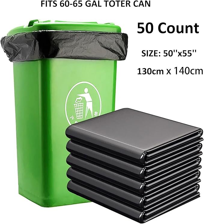65 Gallon Trash Bags 1.8 Mil -50''x55'' Pack of 50 Thick Large Heavy Duty Multi-Use Garbage Bags Extra Large Strong Trash Can Liners for Office PicnicKitchen Bulk Bags (65 Gallon 50 Count)
