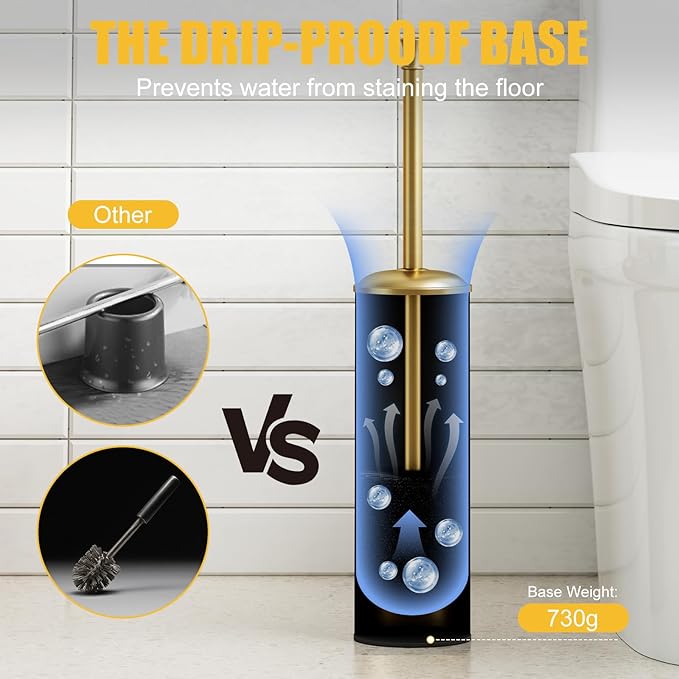 BESy Toilet Brush and Holder Toilet Cleaner Bowl Set with Two Brush with Extra Long Handle Durable Bristles Toilet Scrubber and Covered Holder Drip-Proof Stainless Steel Brushed Gold