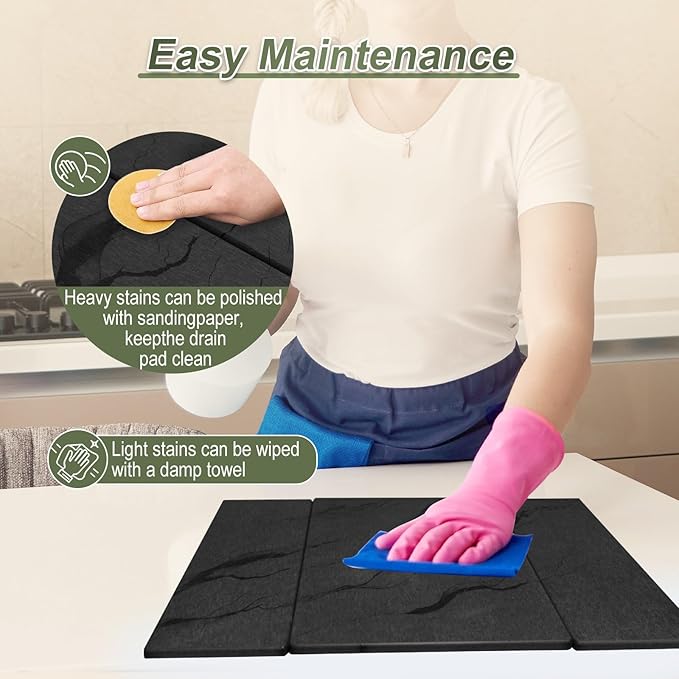 Dish Drying Mat Large Stone Dish Drying Mat For Kitchen Counter Collapsible Quick-Drying Sleek Diatomaceous Versatile Stone Drying Mats For Cups Dishes Bottles Marble (black 16×19)