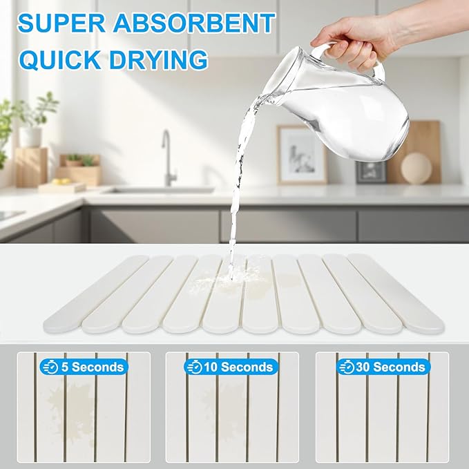 Foldable Stone Dish Drying Mat: Large 24x16 Absorbent Diatomaceous Earth Mat for Kitchen Counter | Quick Drying &amp Heat-Resistant for Dishes Bottles Cups with 2 Coasters