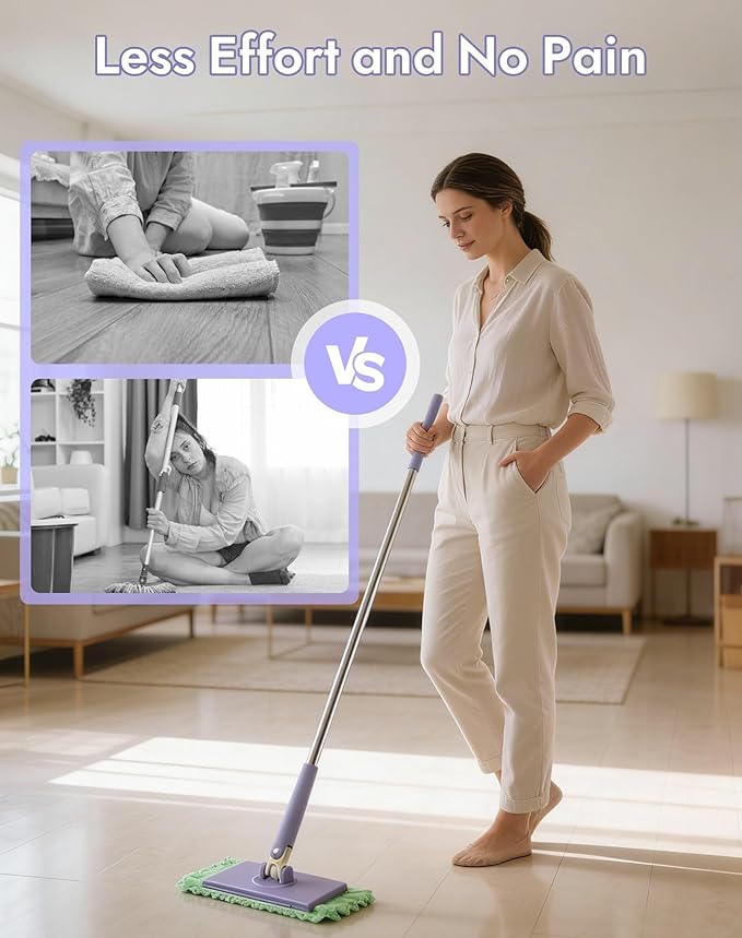 2026 Upgraded Zero Touch Snap Grip Mini Mop Cloth Changing Mini Mop with Automatic Hands Free Push Pull Handle 180 Rotating Head Includes 5 Cleaning Cloths for Bathroom and Kitchen