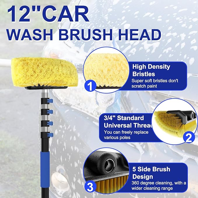 18Ft Reach Car Wash Brush with Long Handle Car Cleaning Brush 12-Inch Soft Bristles 3-12Foot Aluminium Telescoping Pole for Scratch-Free Cleaning RV Car Boats Truck Floors Solar Panels