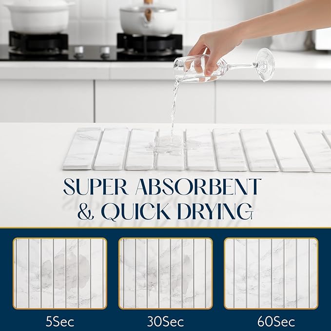 Large Stone Drying Mat for Kitchen Counter - 24x16 Quick Drying Collapsible Dish Drying Mat - Super Absorbent Diatomaceous Earth Mat - Stone Dish Drying Mat for Cups Dishes
