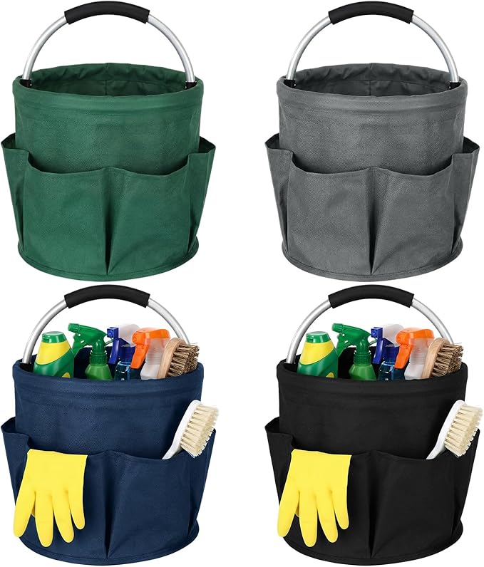 LemonRoad 4 Pack Cleaning Caddy with Handle 17L Foldable Cleaning Supplies Organizer Oxford Cloth Storage Basket with 6 Pockets &amp Soft Grip Portable Multi Bucket Bag for Home Garden(4 Colors)