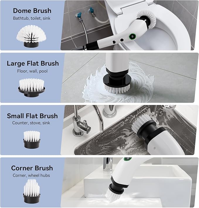 Electric Bathroom Cleaning Brush Cordless Spin Scrubber Full Body Waterproof IPX7 with Adjustable Handle 8 Replaceable Brush Heads for Bathtub/Kitchen/Window/Home -SD-CTB01