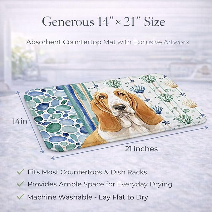 Caroline's Treasures Lemon and White Basset Hound Coastal Sea Glass Dish Drying Mat Absorbent Dish Drying Mat Pad for Kitchen Counter Dish Drainer Mat for Countertop 14 x 21 Multicolor