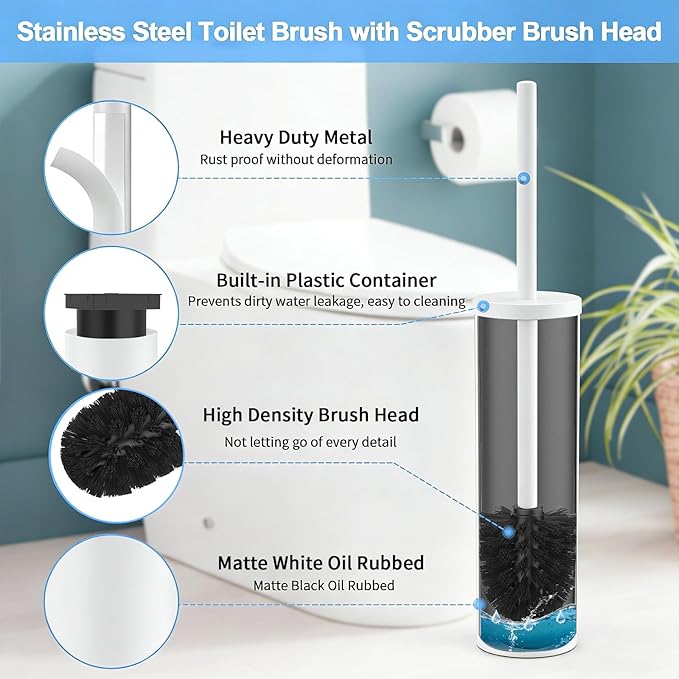 Stainless Steel Toilet Brush and Holder Set Wall Mount Heavy Duty Toilet Bowl Brush Oil Rubbed Matte White Toilet Brush Set with Long Handle for Bathroom and Farmhouse
