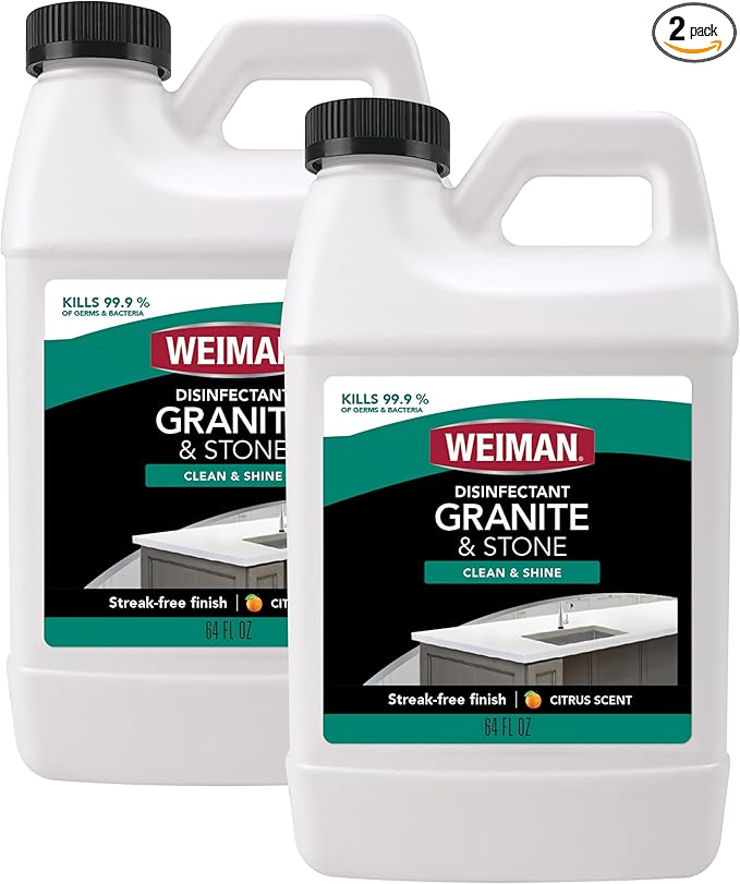 Weiman Disinfecting Granite and Stone Countertop Cleaner and Polish - Safely Cleans &amp Shines Marble Quartz Quartzite Slate Limestone Corian Laminate Tile 64 Oz 2 Pack
