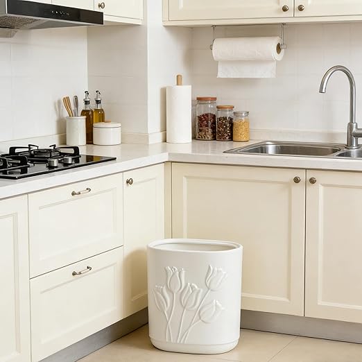 White Ceramic Tulips Small Bathroom Trash Can 2.6 Gal (10 Liter) - Heavy &amp Decorative Garbage Bin for Bathroom Kitchen Office Bedroom &amp Living Room Corner