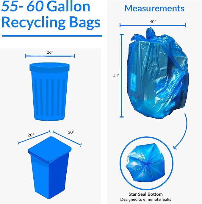 Reli. SuperValue 55-60 Gallon Recycling Bags | 150 Count | Blue Trash Bags | Made in the USA