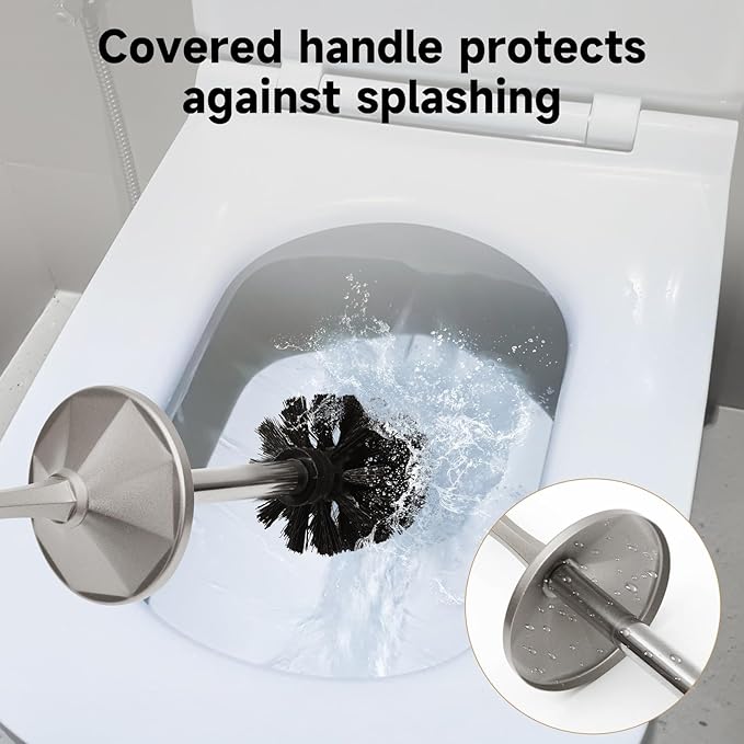 Stain Nickel Toilet Brush and HolderExtra Long Handled Toilet Brush for BathroomStainless Steel Heavy Duty Toilet Bowl BrushDeep Cleaning Modern Toilet Cleaner Brush -Space Saving Covered Brush