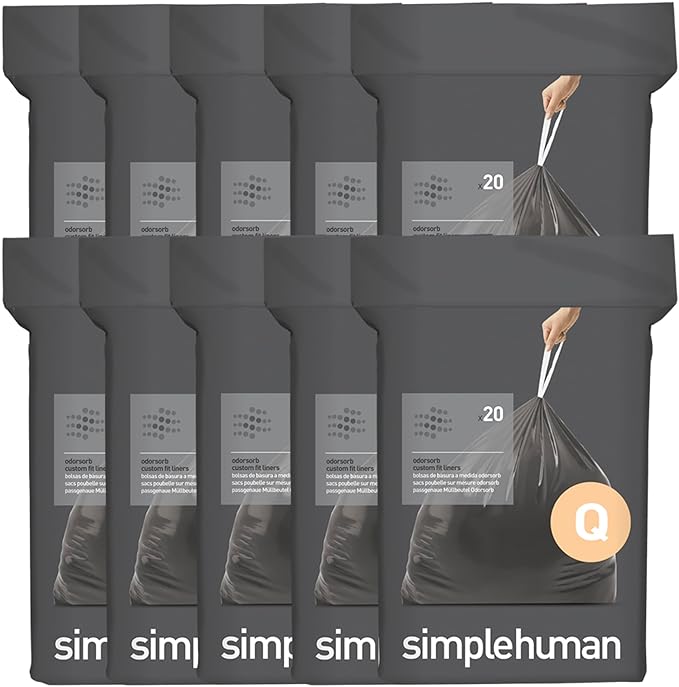 simplehuman Code Q 200 Count Genuine Odorsorb Custom Fit Liners Drawstring Odor Absorbing Trash Bags in Dispenser Packs 50-65 Liter / 13-17 Gallon