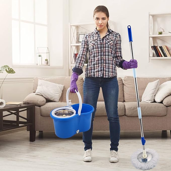 Mop and Bucket Set 360° Spin Mop and Bucket with Wringer Set and 3 Microfiber Mop Refills Stainless Steel 61'' Extended Handle Spinning Mop Bucket System for Floor Cleaning
