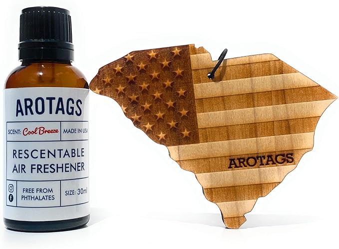 Arotags Car Air Freshener - Reusable Wood Diffuser - Hanging Odor Eliminator - South Carolina Patriot - Cool Breeze Scent