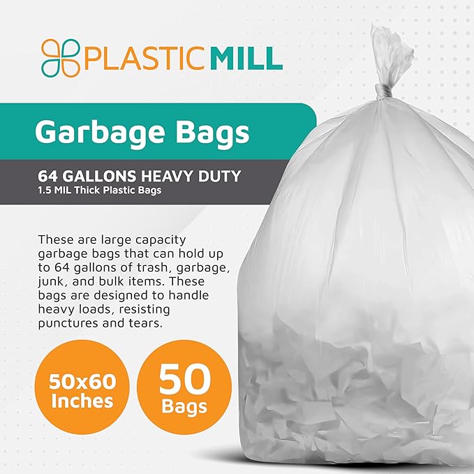 PlasticMill Heavy Duty Trash Bags - Clear Garbage Bags - Plastic Trash Bags - Tall Trash Bags Trash Can Liners - 64-Gallon Large Kitchen Trash Bags 1.5 Mil 50x60 (50-Count)